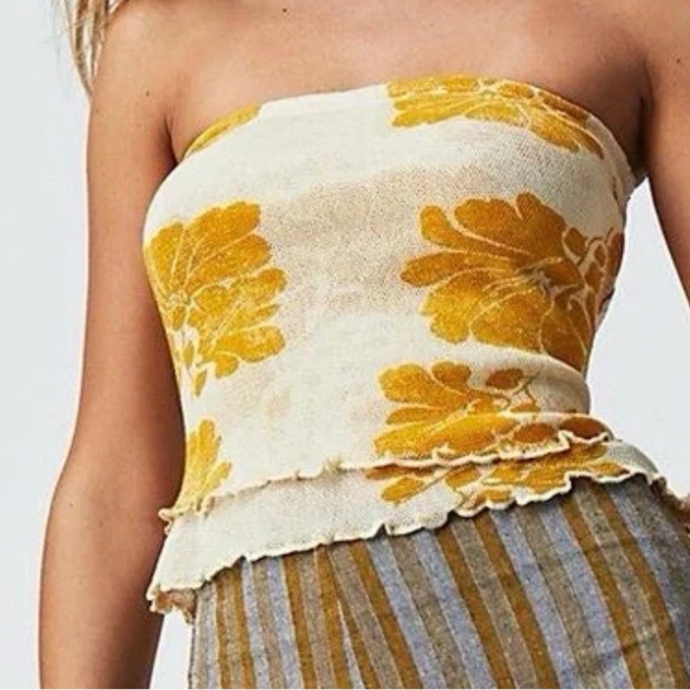 Free People Cream and Mustard Yellow Floral Strapless Crop Top